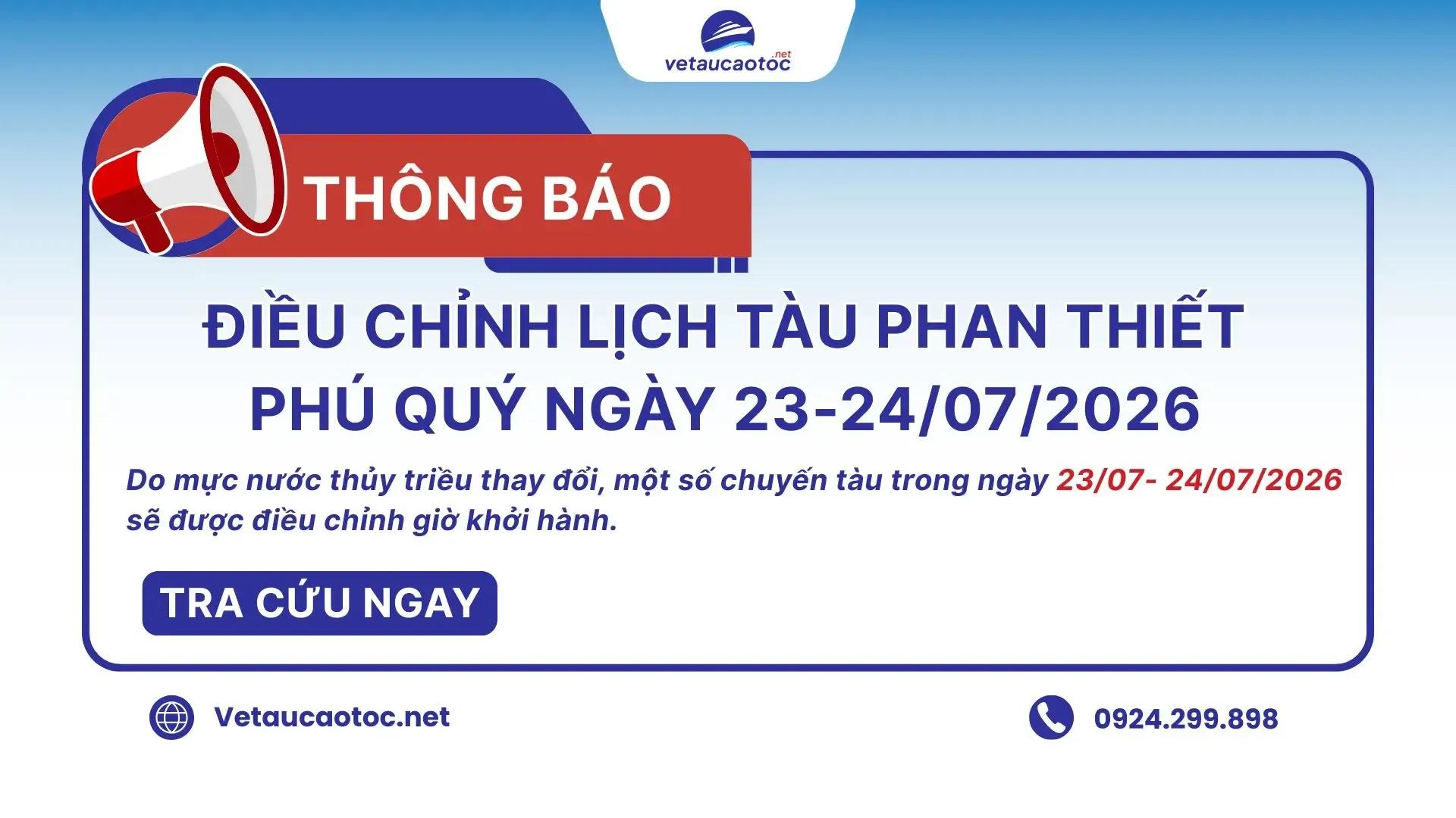 [THÔNG BÁO] Điều chỉnh lịch tàu tuyến Phan Thiết – Phú Quý ngày 23 và 24/07/2026