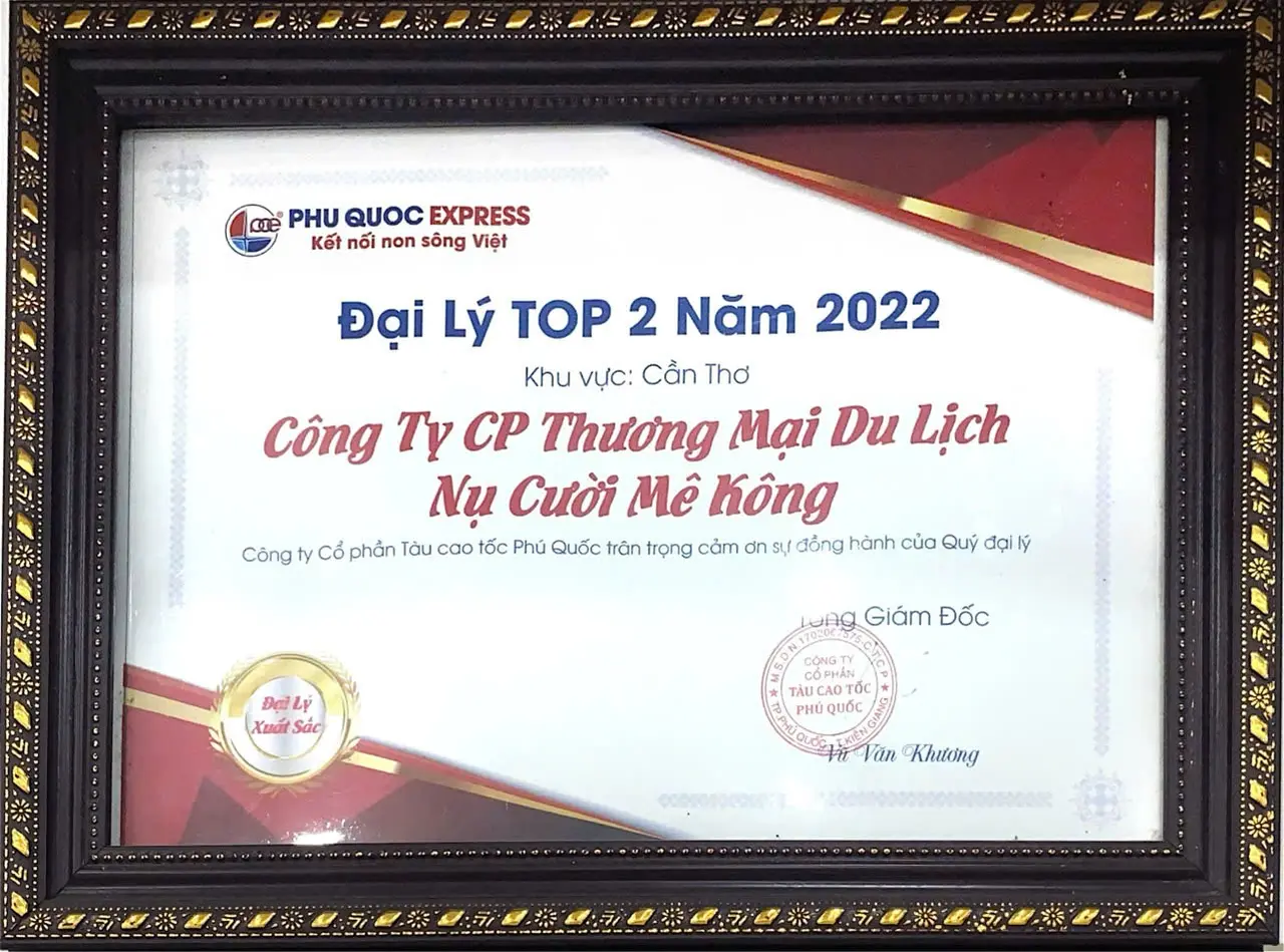 Chứng nhận đại lý top 2 năm 2022 của Phú Quốc Express